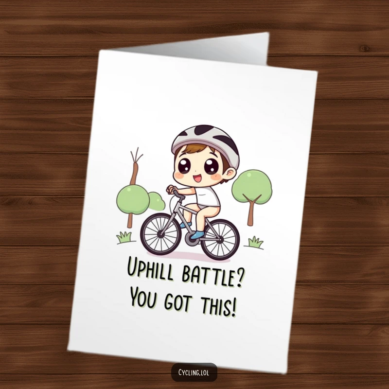 Funny Free Printable Birthday Card: Character pedaling bike uphill with wide eyes, pure delight, downloadable humor.