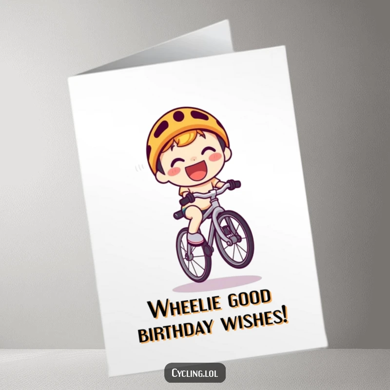 Funny Free Printable Birthday Card: Adorable kawaii character performs a bicycle wheelie with a huge, infectious grin.