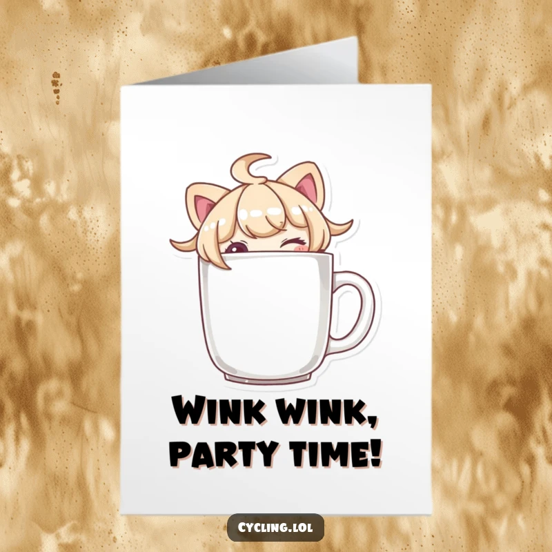 Funny free printable birthday card featuring a character playfully peeking over a mug's brim and giving a cheeky wink.