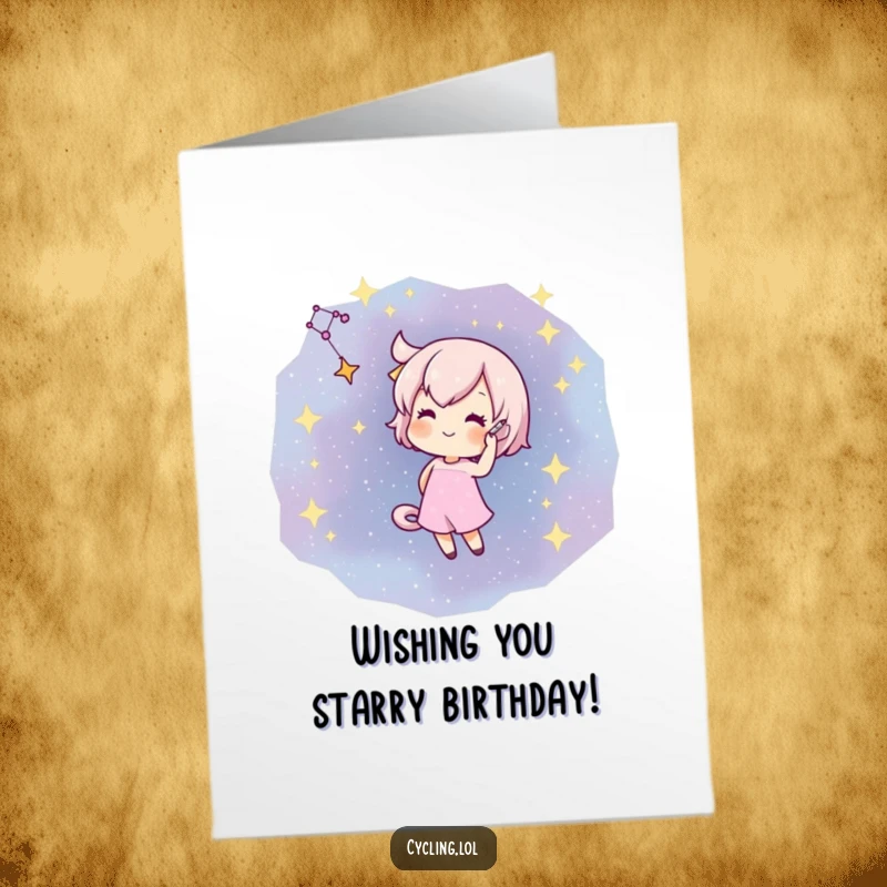 Funny free printable birthday card: a character skillfully draws a constellation in a starry night sky with flair.