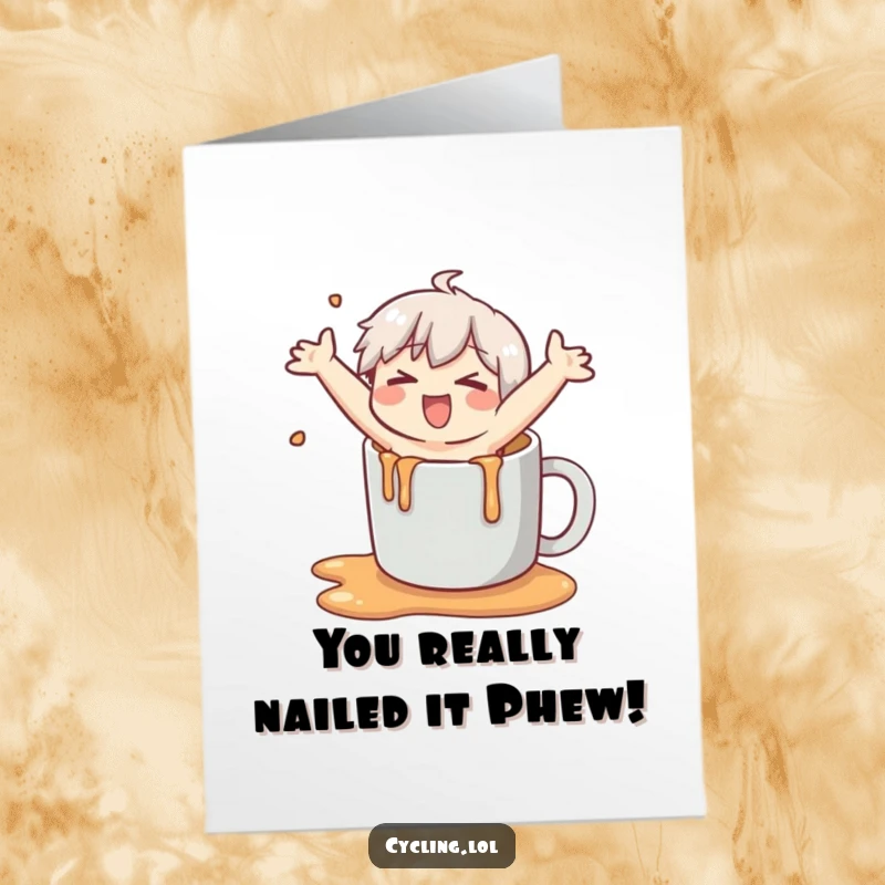 Funny Free Printable Congrats Card: Character hilariously slipping on spilled mug liquid, celebrating any occasion.