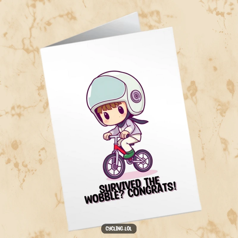 Funny Free Printable Congrats Card: Character comically balancing on a unicycle with a huge helmet, celebrating effort.