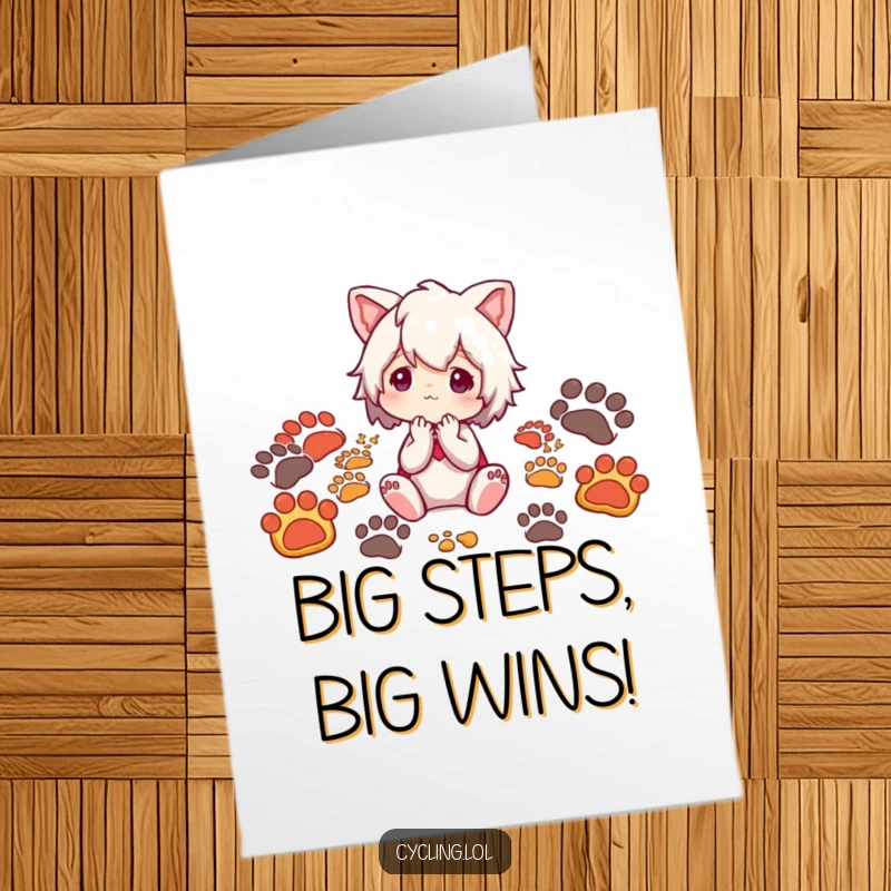 Funny Free Printable Congratulations Card: Character contemplates various animal footprints, symbolizing a thoughtful and successful path.