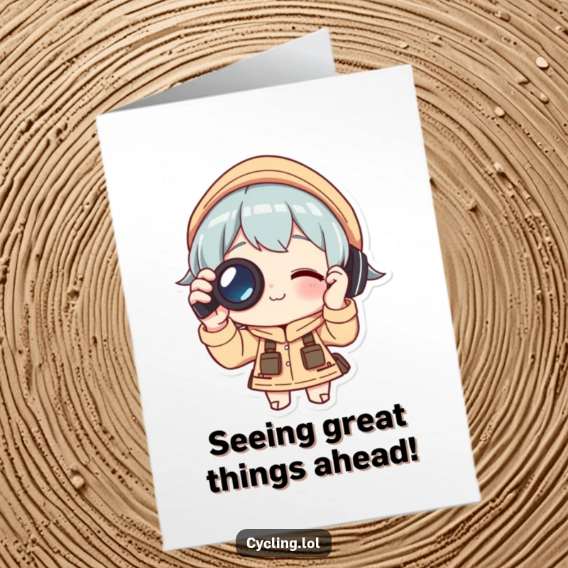 Funny Free Printable Congratulations Card: Character adjusts binoculars with focus, celebrating a clear success, humorous and determined.