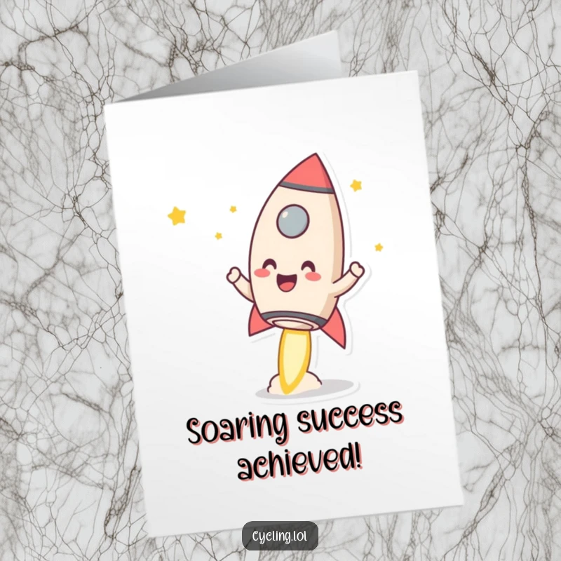 Funny free printable congratulations card showing a character launching a smiling mug like a rocket, celebrating success with energetic, coffee-themed humor.