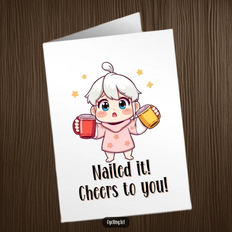 Funny free printable congratulations card showing a character in disbelief, juggling three vibrant mugs for your big news.