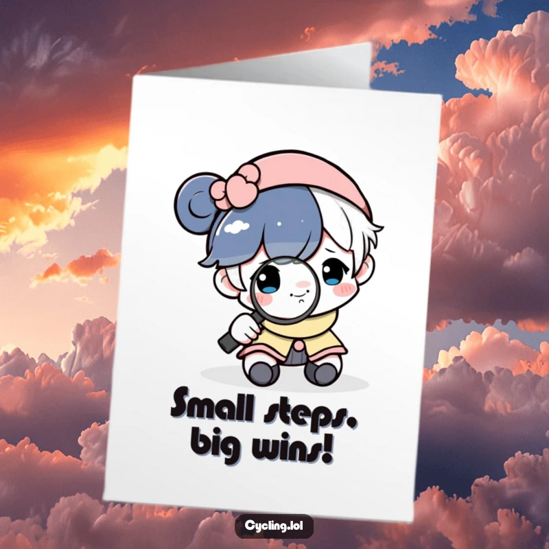 Funny Free Printable Congrats Card: Astronaut inspects smiling moon with magnifying glass, celebrating meticulous success.