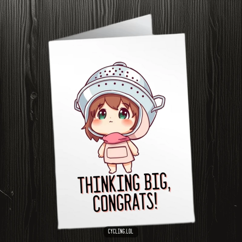 Funny Free Printable Congrats Card: Character in colander helmet looks up with wonder, celebrating an amazing feat.