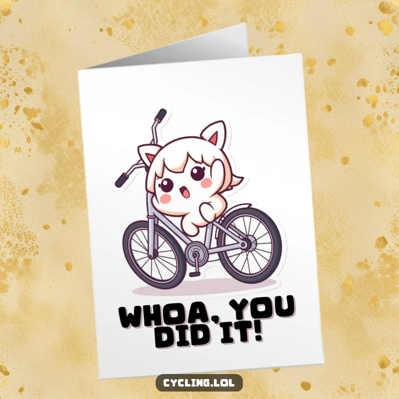 Funny Free Printable Congratulations Card: a surprised Kawaii character falling backward off a wobbly bicycle, hilariously off-balance.