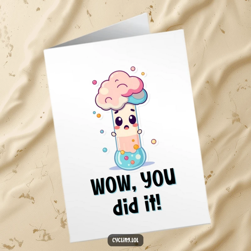 Funny Free Printable Congratulations Card featuring a surprised character watching a test tube erupt with colorful foam, a surprising outcome.
