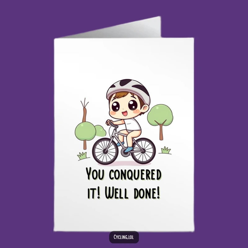 Free Printable Congrats Card: Funny Uphill Bike Ride Accomplishment Character Downloadable