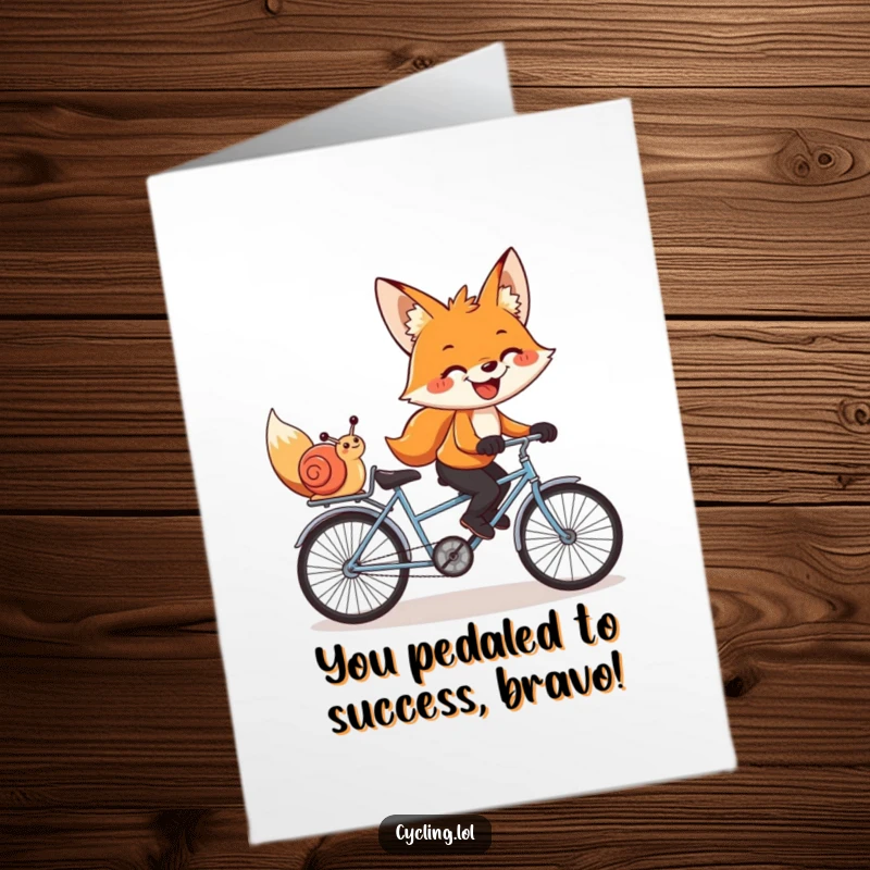 Funny Free Printable Congrats Card: A fox grins while pedaling a tandem bike with a snail passenger enjoying the ride.