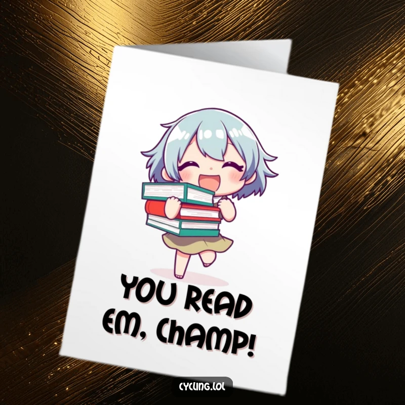 Funny Free Printable Congratulations Card showing a joyful character overloaded with books, nearly losing balance, celebrating a literary win.