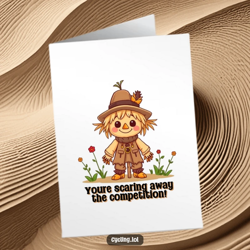 Funny Free Printable Congratulations Card: Cheerful character focused on building a tiny scarecrow, celebrating an achievement.