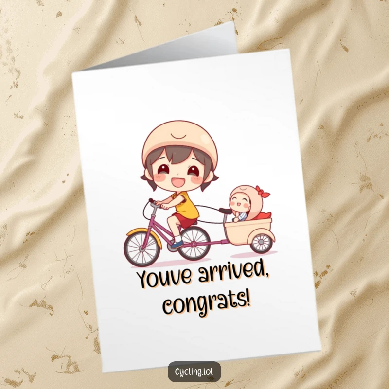 Funny free printable congratulations card with a beaming character pulling a laughing passenger in a trailer, celebrating a successful journey.