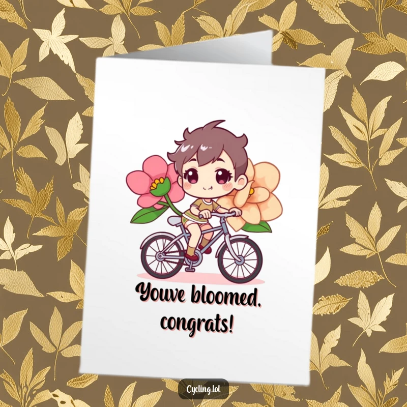 Funny free printable congratulations card of a cheerful character steering a bicycle with a giant flower, celebrating blooming success.