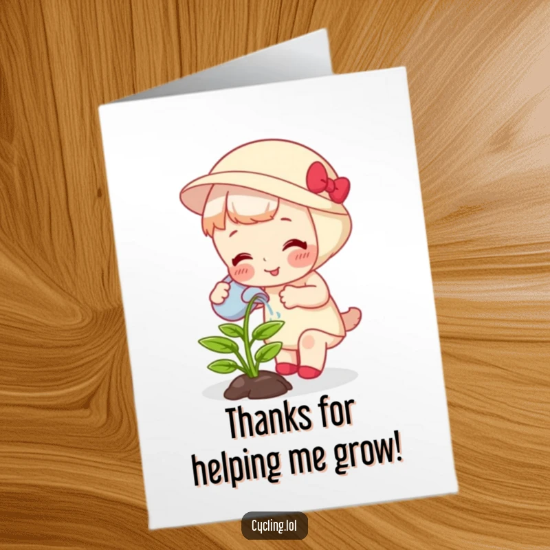 Funny Free Printable Thank You Card: Character waters a giggling plant sprouting joyfully, a downloadable expression of gratitude.