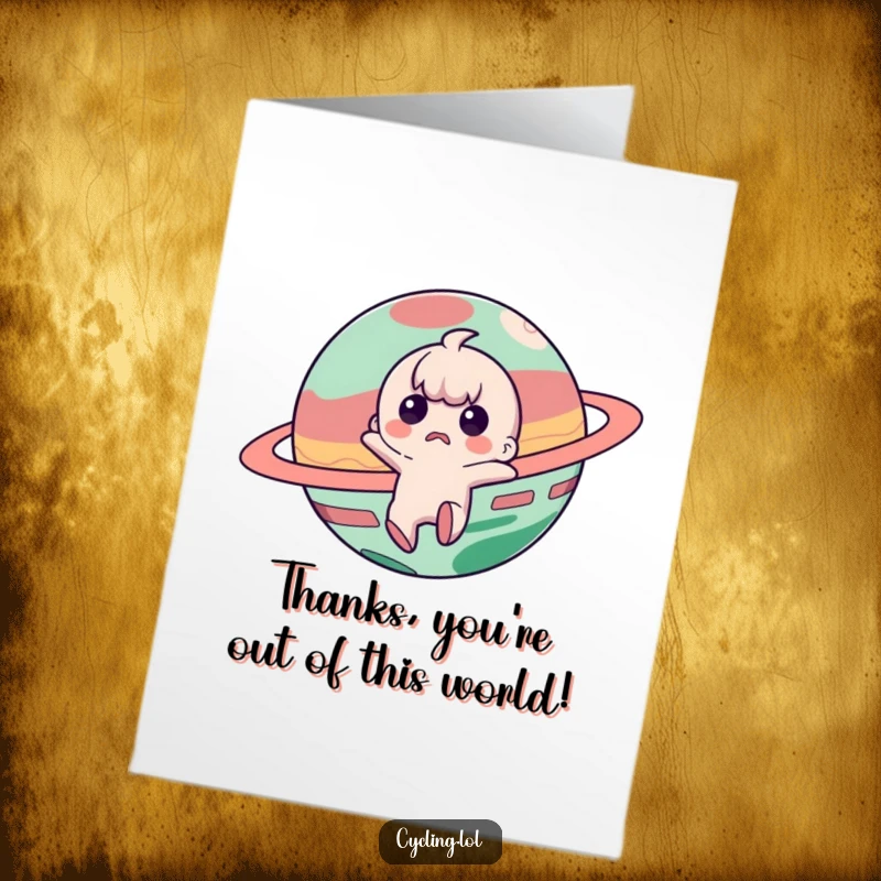 Funny Free Printable Thank You Card: Astronaut startled, jumping from a mischievous planet, expressing thanks humorously.