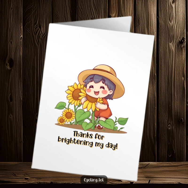 Funny Free Printable Thank You Card: Straw hat character lovingly tending a giant smiling sunflower, expressing heartfelt downloadable thanks.