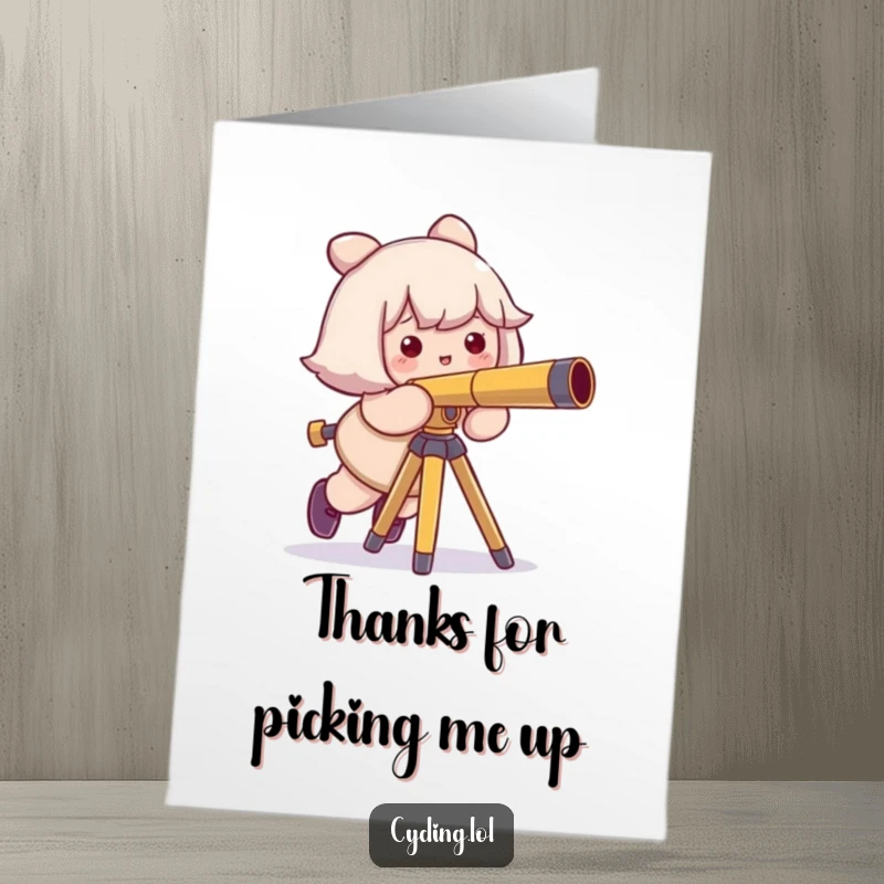 Funny free printable thank you card: a character trips over a telescope tripod, looking sheepish but grateful.