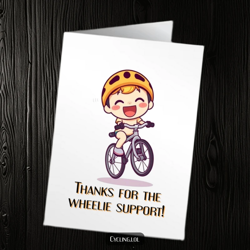 Funny Free Printable Thank You Card: A kawaii character is mid-wheelie, conveying thanks with a huge, happy grin.