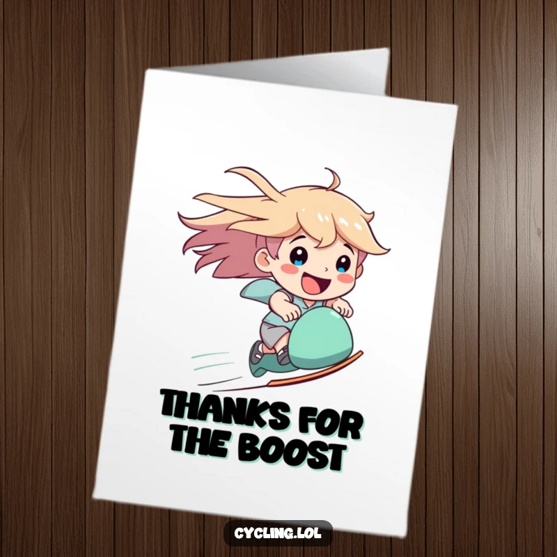 Funny free printable thank you card of a character zooming downhill with windblown hair and a wide smile, expressing energetic thanks.