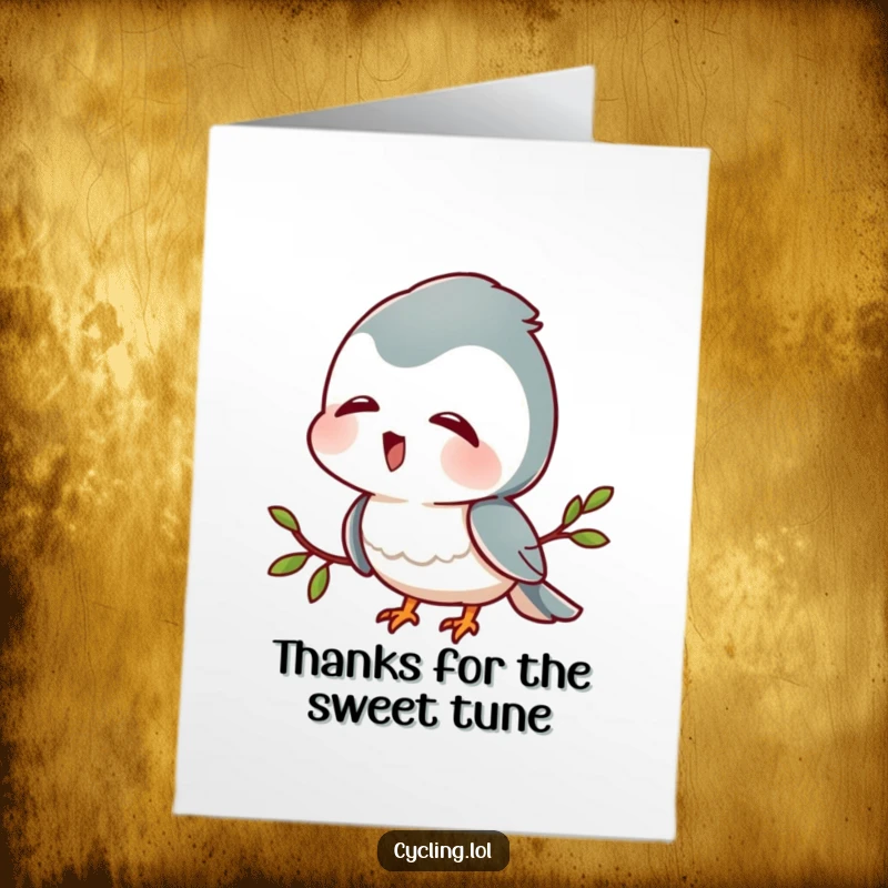 Funny Free Printable Thank You Card: Character listens intently to bird sounds with delight, a humorous way to say thank you.