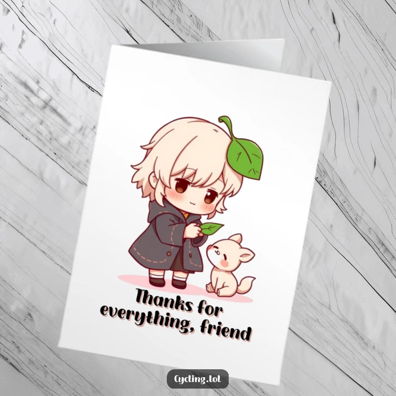 Funny Free Printable Thank You Card: Character offers a leaf to a thankful animal, a gentle and humorous expression of thanks.