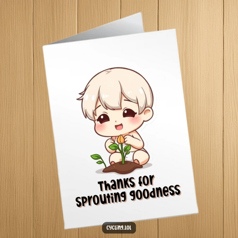 Funny Free Printable Thank You Card: Character smiles at a sprouting plant, expressing humorous gratitude, a unique DIY card.