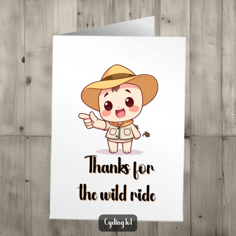 Funny Free Printable Thank You Card: Safari-clad character excitedly points to a cartoon animal, a wild thank you message.