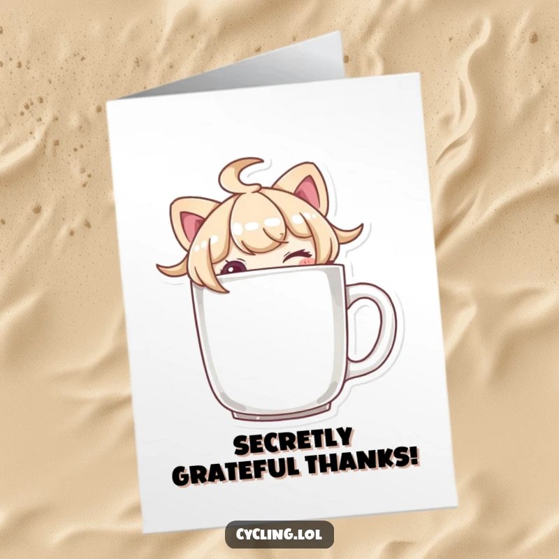 Funny free printable thank you card with a character peeking over a mug, winking playfully to show gratitude.