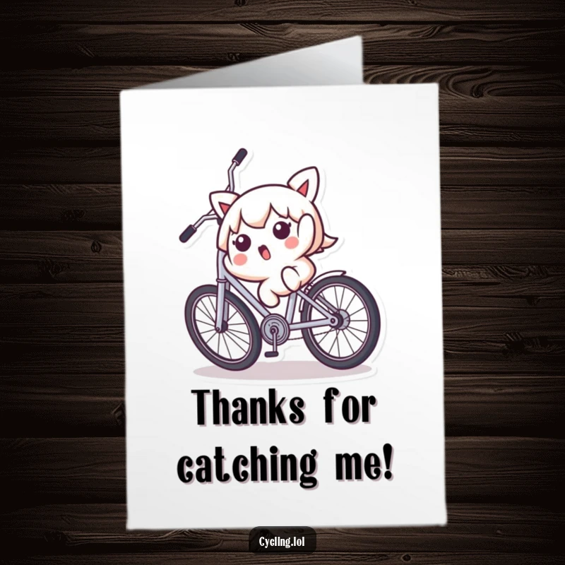 Funny Free Printable Thank You Card: a surprised Kawaii character falling backward off a wobbly bicycle, with a look of comical surprise.