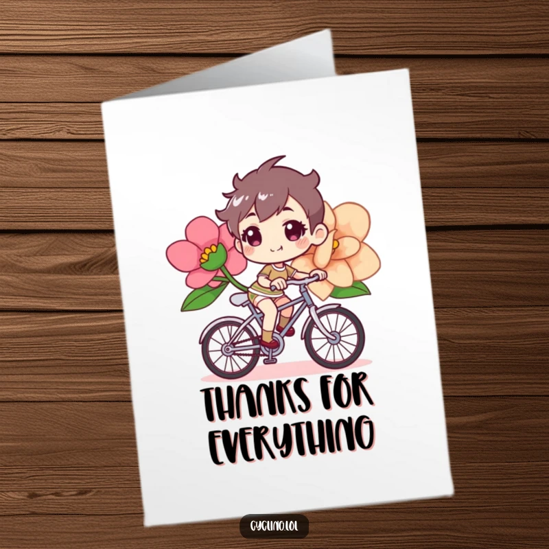Funny free printable thank you card with a cheerful character steering a bicycle holding a giant flower, expressing thanks vibrantly.