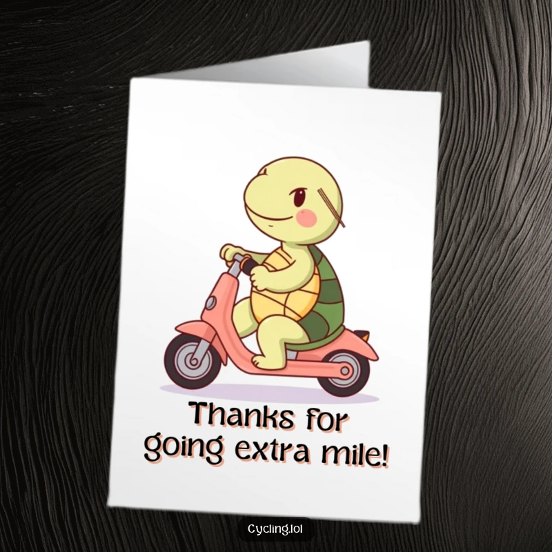 Funny Free Printable Thank You Card: A cheerful turtle navigates a scooter backwards, expressing thanks in a funny way.