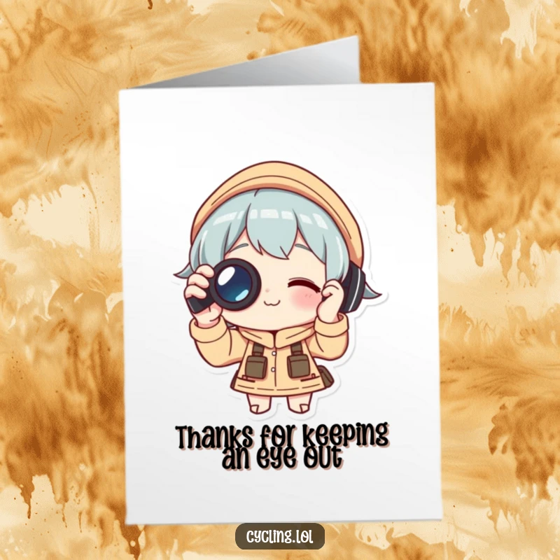 Funny Free Printable Thank You Card: Character with binoculars adjusted, focused expression, humorously conveying thanks.