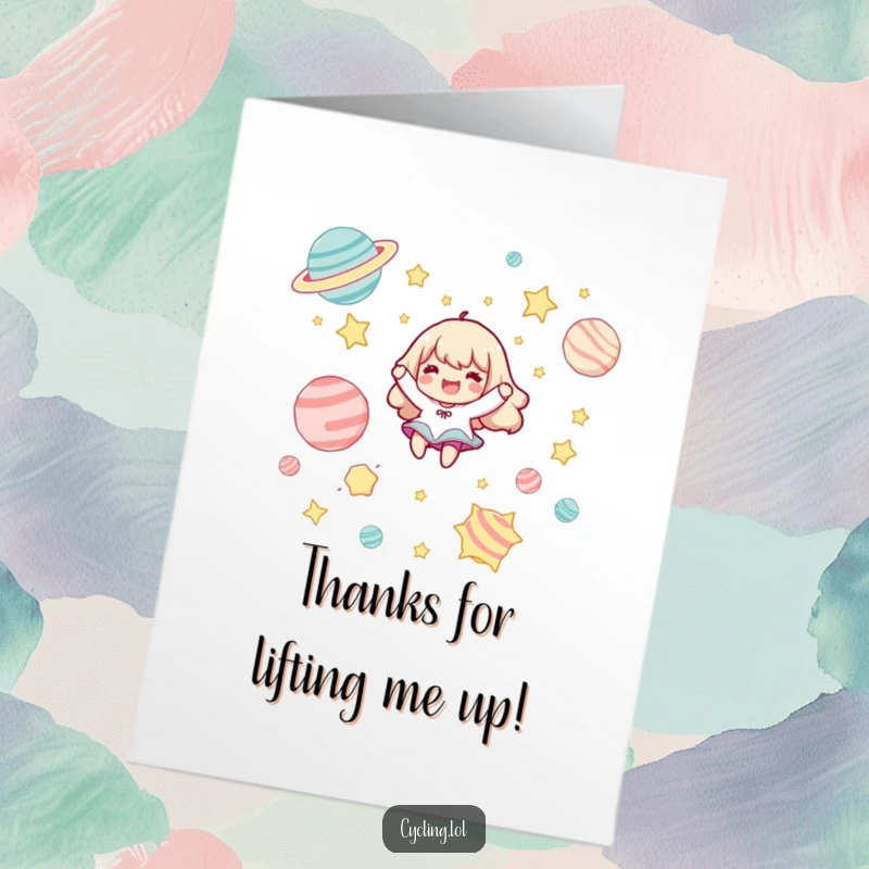 Funny Free Printable Thank You Card: Character joyfully floats among stars and planets, sending thanks with delight.