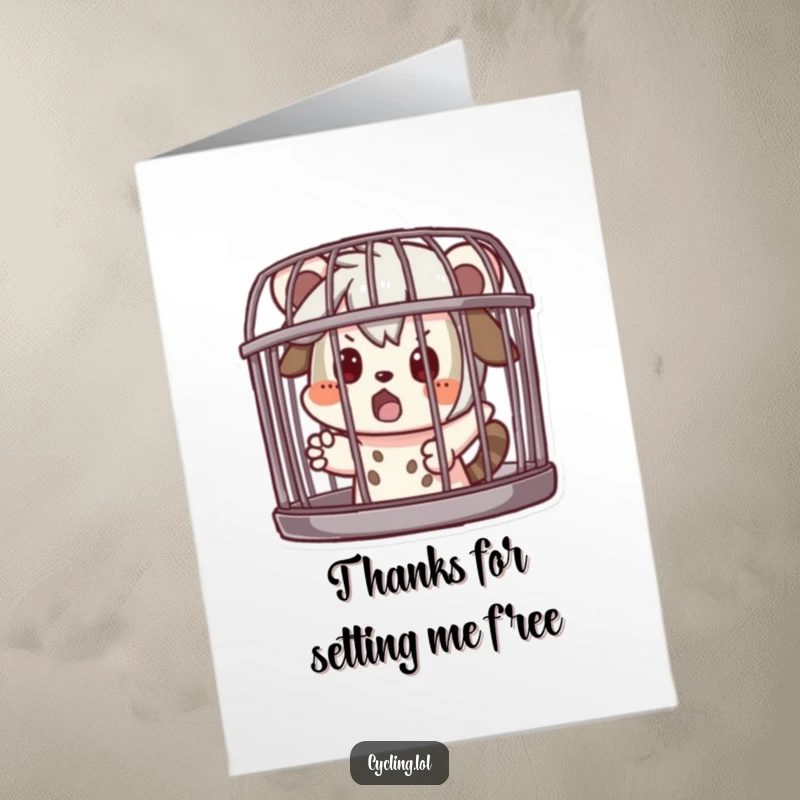 Funny Free Printable Thank You Card: Character in pretend cage looks surprised, humorous thanks for their unique presence.