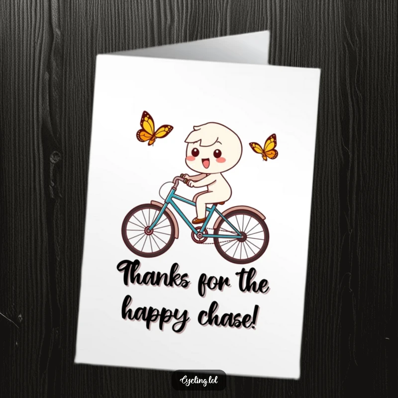 Funny Free Printable Thank You Card: a playful Kawaii character delightedly chasing a butterfly on a bicycle, with a happy expression.