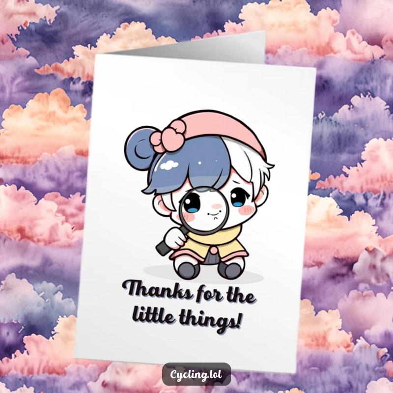 Funny Free Printable Thank You Card: Astronaut uses magnifying glass to examine a tiny smiling moon, showing detailed thanks.