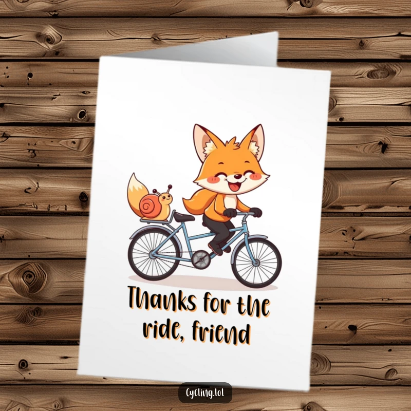 Funny Free Printable Thank You Card: A happy fox pedals a tandem bike with a snail rider, a perfect thank you duo.