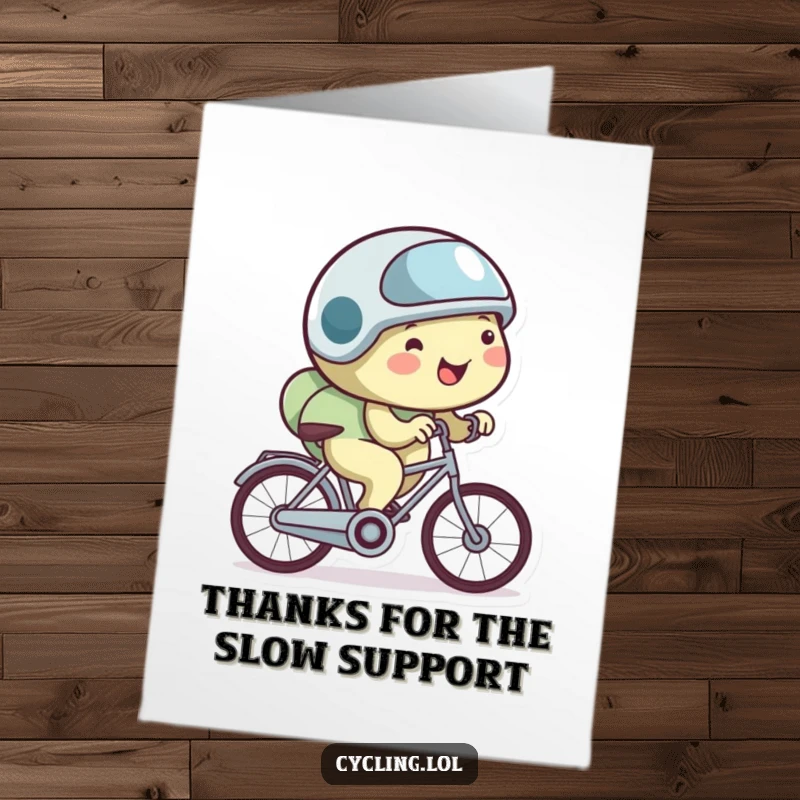 Funny Free Printable Thank You Card: Happy snail in a helmet, slowly cycling to express heartfelt thanks.