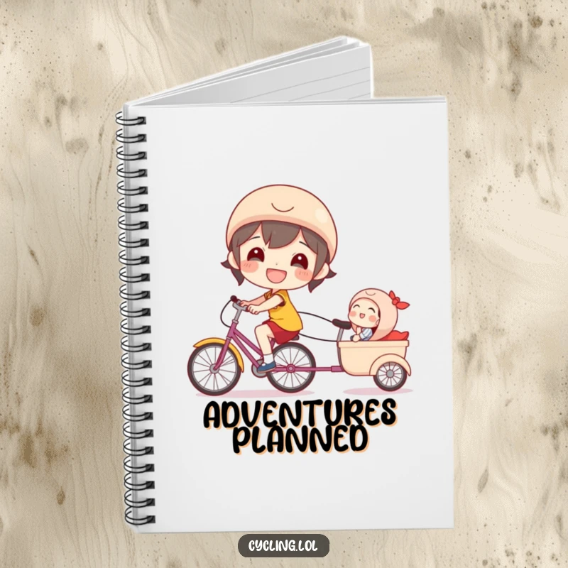 Funny bicycle notebook showing a beaming character happily pulling a laughing passenger in a trailer, inspiring notes.