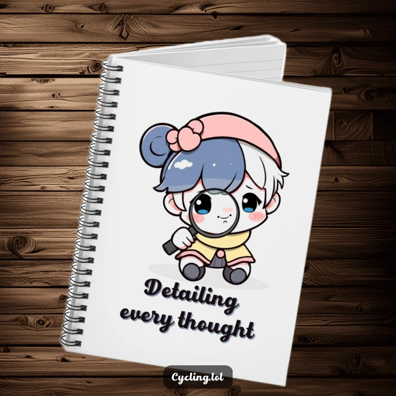 Funny notebook cover featuring a character intently examining a tiny, smiling moon with a magnifying glass, inspiring study.