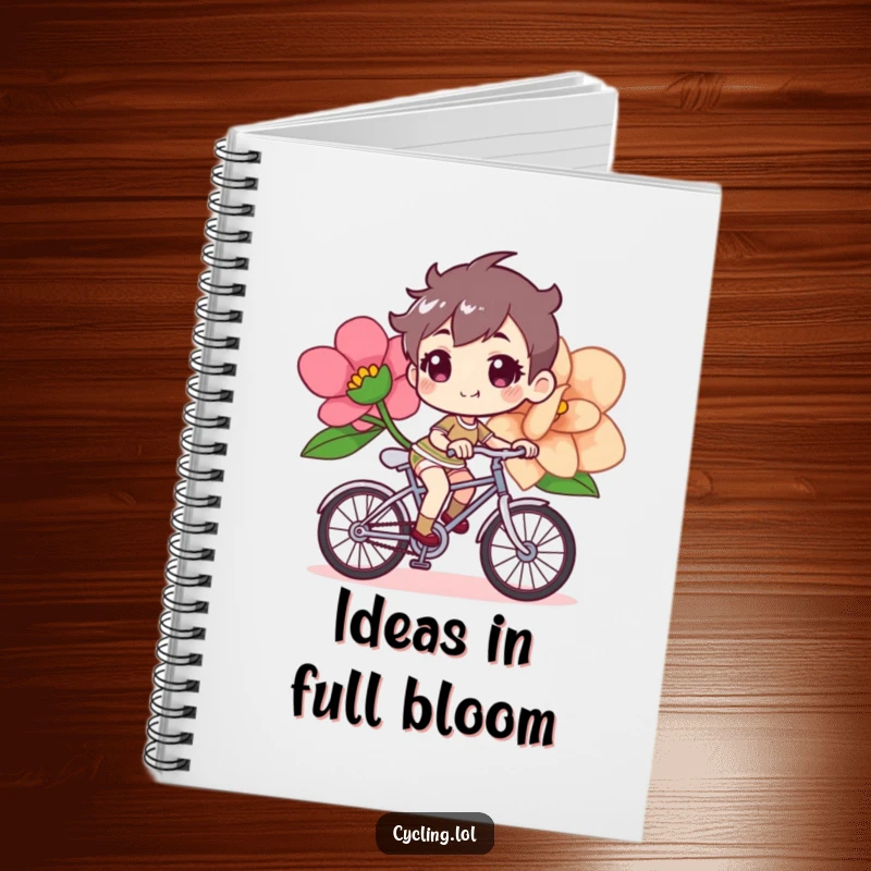 Funny bicycle notebook featuring a determined, cheerful character riding a bike with a giant flower, inspiring writing.