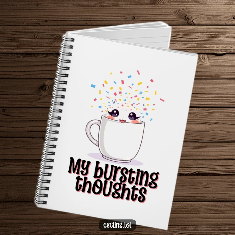 Funny notebook with a character with sparkling eyes bursting from a mug with confetti, designed for jotting down notes with a humorous, energetic flair.