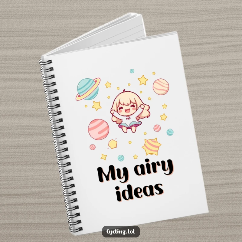 Funny notebook cover featuring a character joyfully floating among cartoon stars and planets, inspiring creative thoughts.