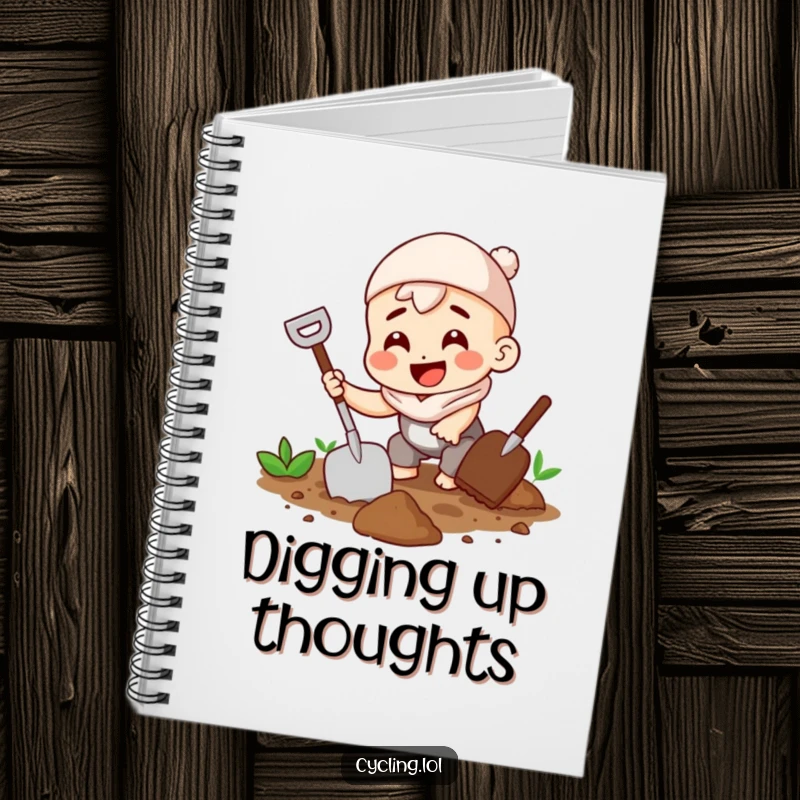 Funny notebook with a character digging in soil with a trowel and a grin, ideal for garden planning and notes.