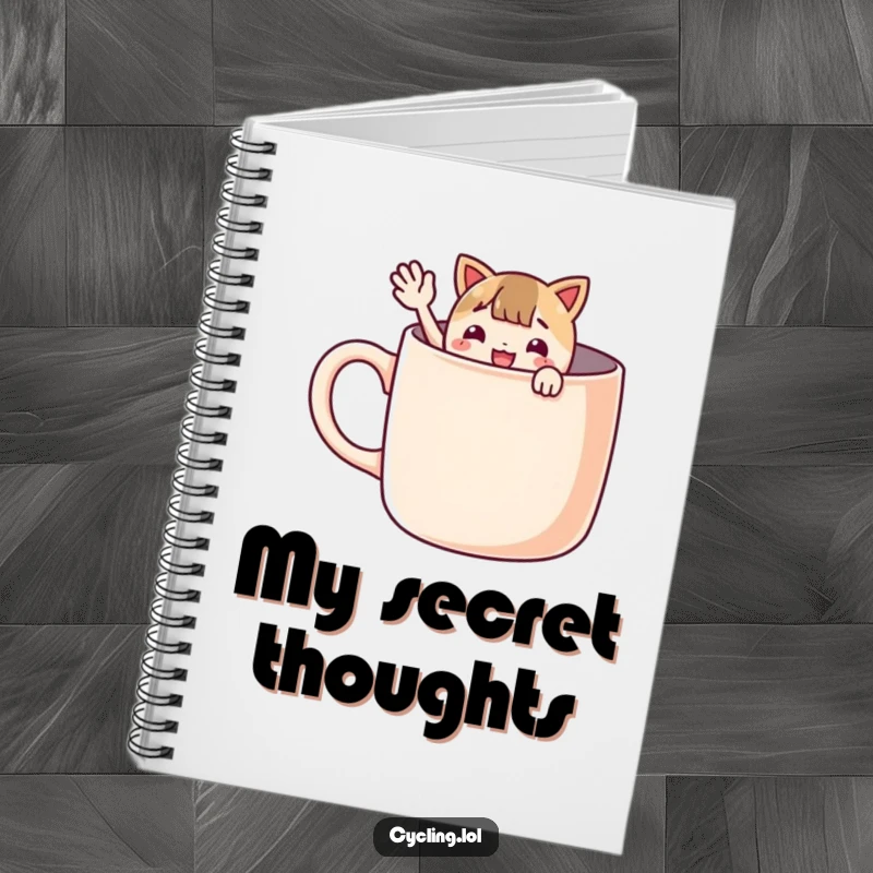 Funny notebook featuring a character peeking from a giant mug and waving enthusiastically, perfect for writing notes and jotting down cheerful ideas.