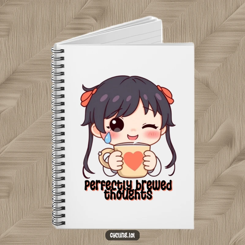 Funny character with a happy tear holding a steaming mug on a notebook, encouraging joyful writing and reflection.