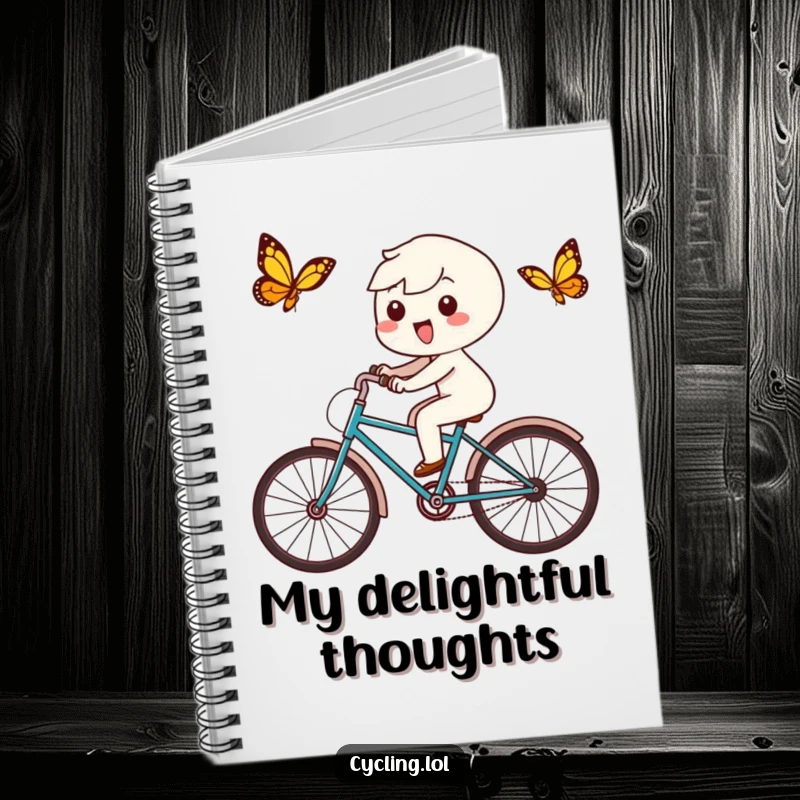 Funny notebook with a delighted Kawaii character chasing a butterfly on a bicycle, inspiring creative writing and joyful notes.